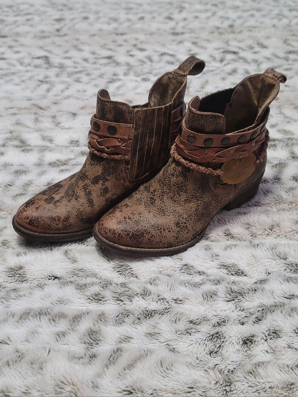 Circle G Distressed Brown Women's Ankle Boots with Braided Strap
